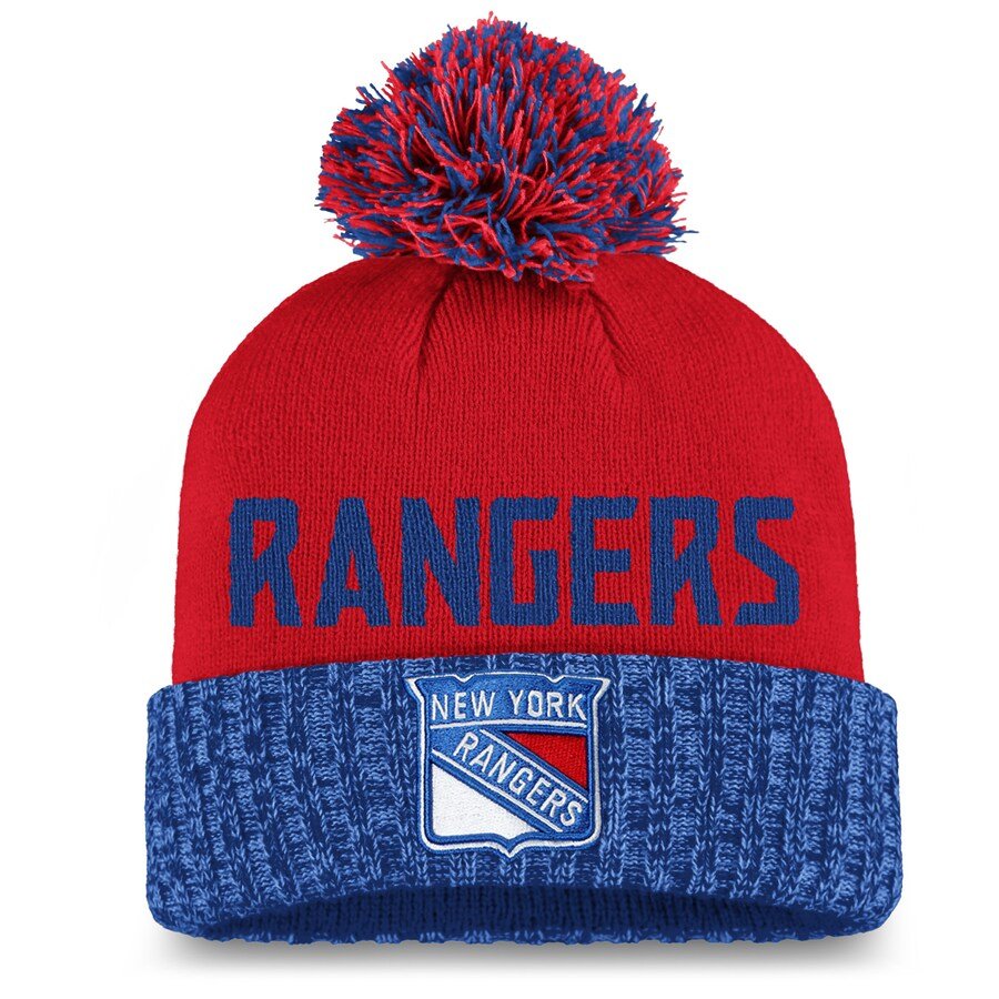 NHL New York Rangers Red Blue Iconic Cuffed Knit Beanie with Pom CMD Sports