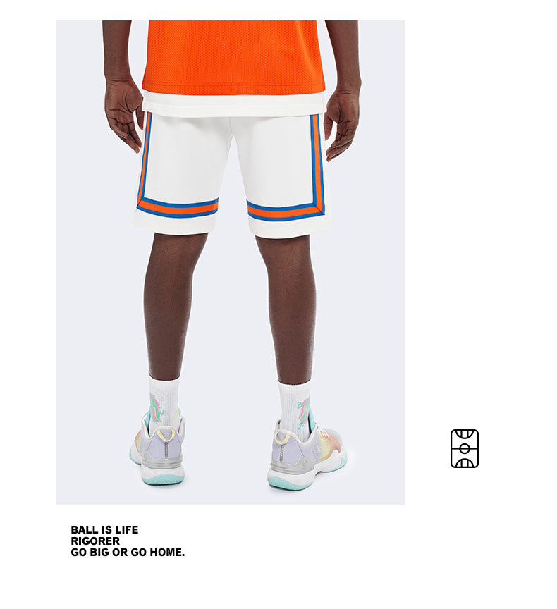 Rigorer knitted Bermuda basketball shorts in white, front view with orange and blue side tape