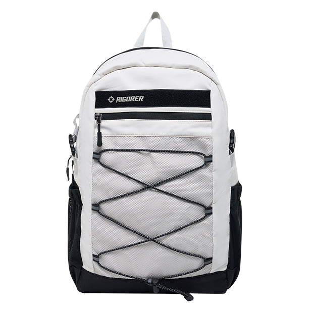 White backpack with black accents and a brand logo on a white background