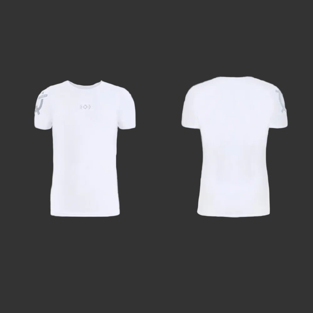 White short-sleeve athletic t-shirt shown from both front and back views against a light gray background.
