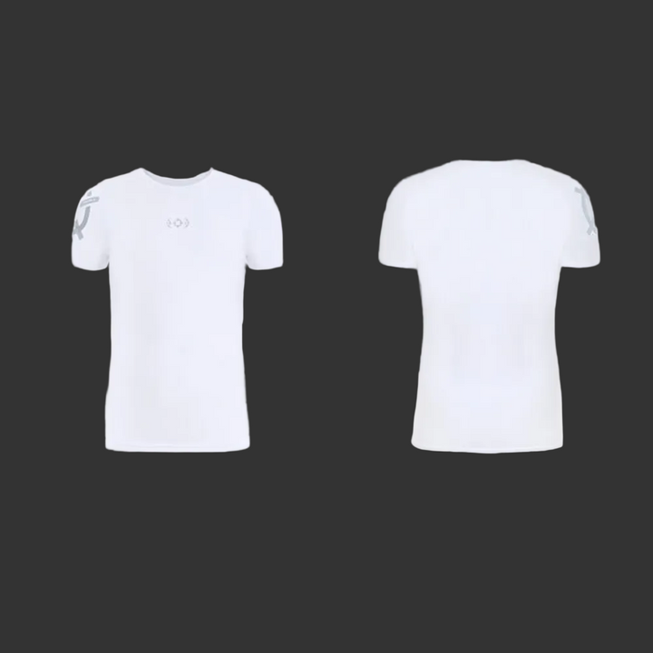 White short-sleeve athletic t-shirt shown from both front and back views against a light gray background.