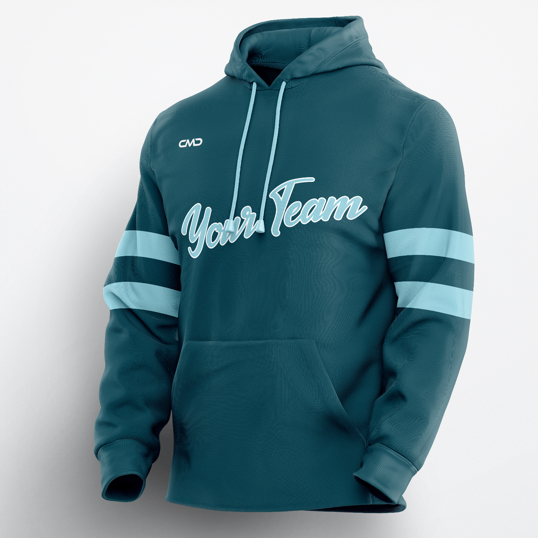 CMD Sports Fully customised Teal hoodie with 'Your Team' text and light blue accents on a white background