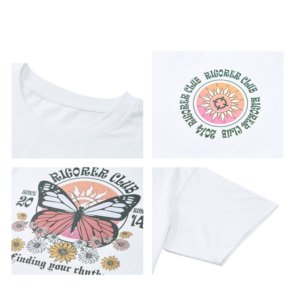 Rigorer Club t-shirt detail, ribbed collar, chest sun emblem, back butterfly print and sleeve hem