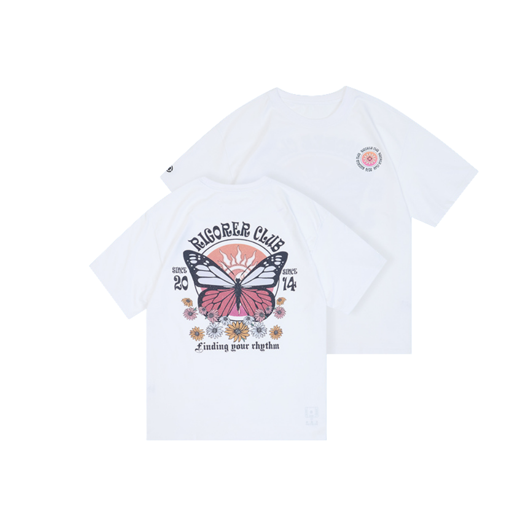 Rigorer Club graphic t-shirt in white, front and back views showing the butterfly back print