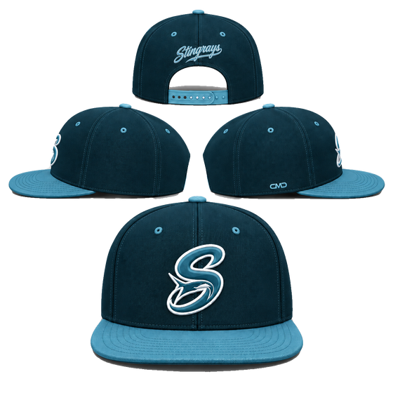 Club snapback cap, front, side and back