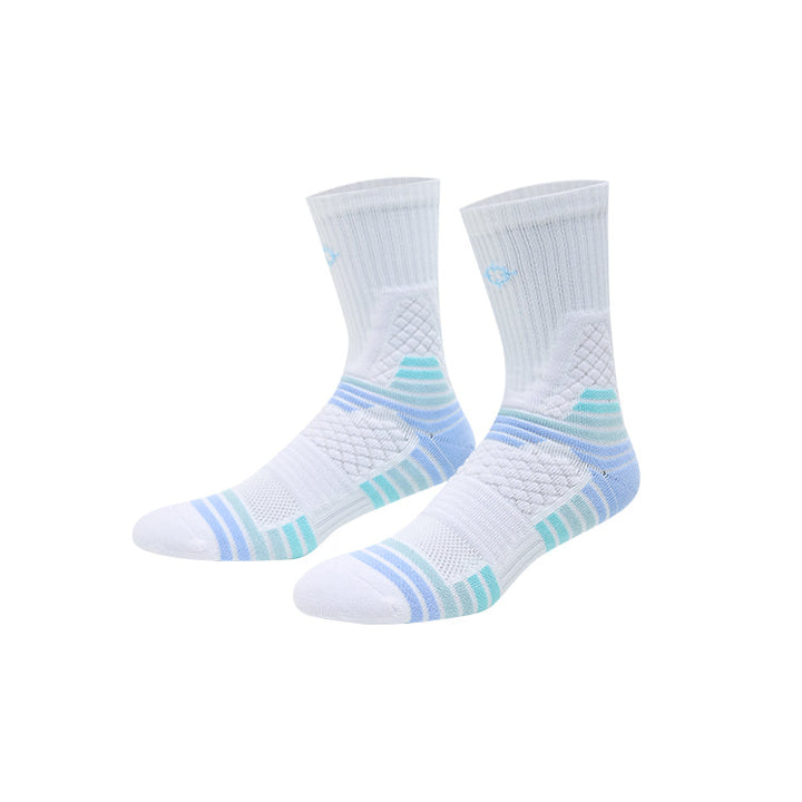 Rigorer basketball socks, blue and teal stripes, angled pair view