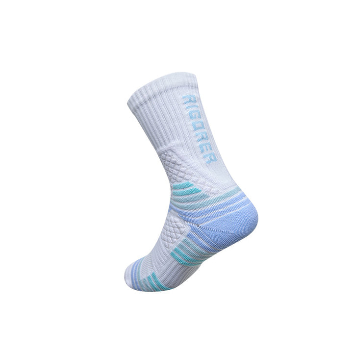 Rigorer basketball socks, blue, heel and back showing Rigorer knit logo