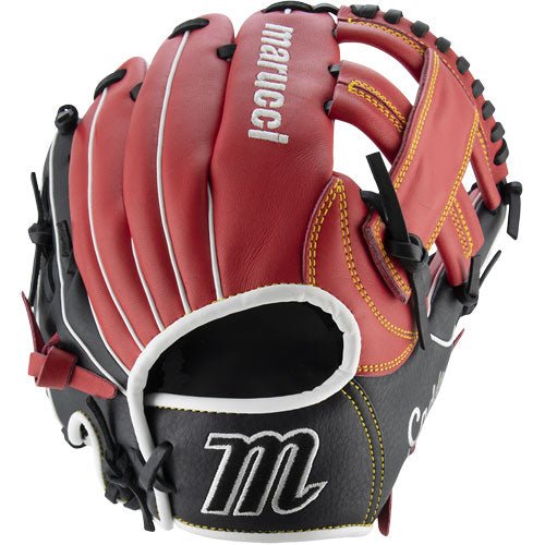 Marucci Caddo V2 youth baseball glove, red/black, palm view