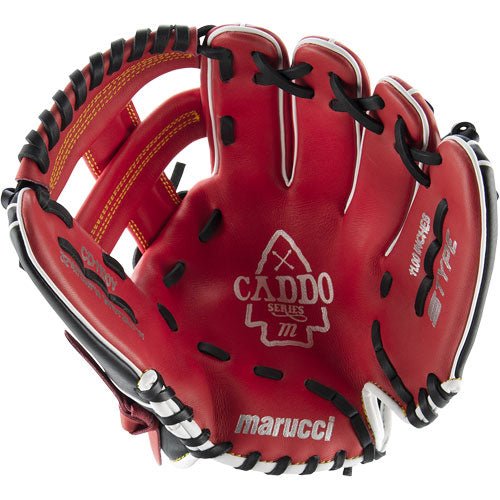Marucci Caddo V2 youth baseball glove, red/black, back of hand view