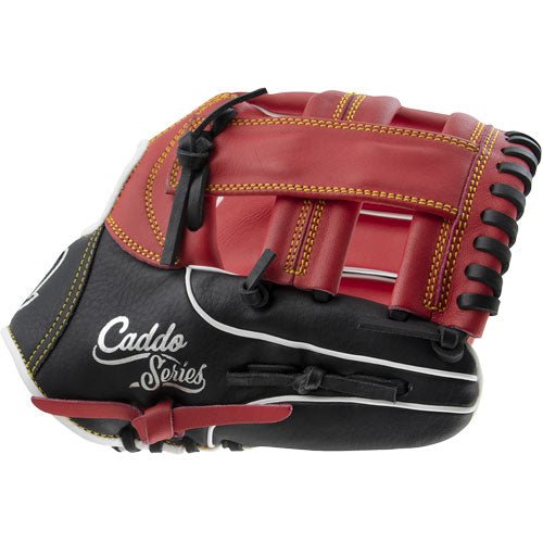 Marucci Caddo V2 youth baseball glove, red/black, single post web detail