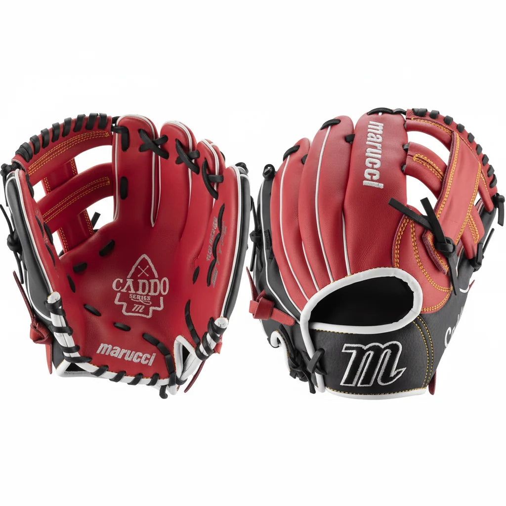 Marucci Caddo V2 youth baseball glove, red/black, front view