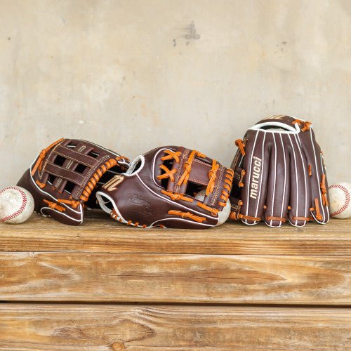 Marucci Krewe M Type youth baseball glove, brown/tan, in-hand fit