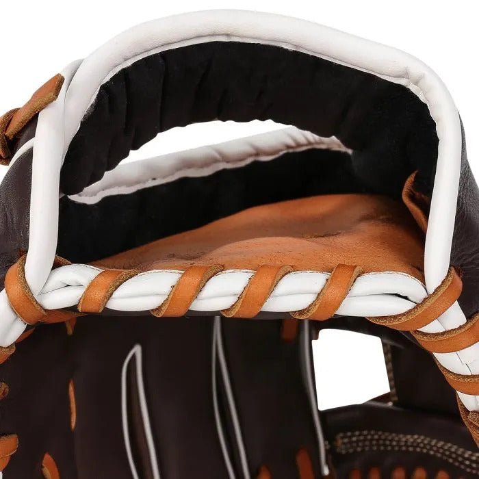 Marucci Krewe M Type youth baseball glove, brown/tan, palm lining detail