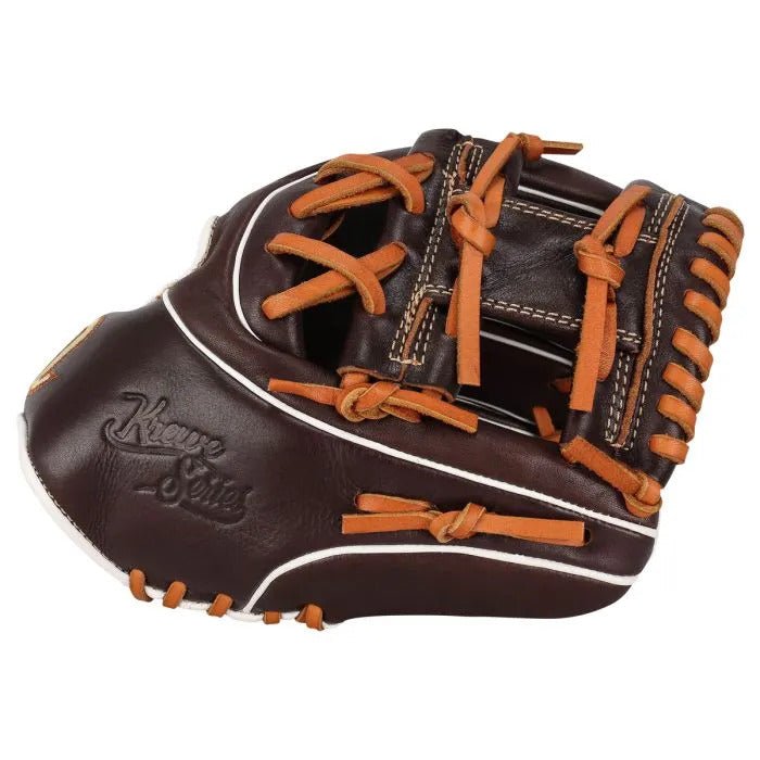 Marucci Krewe M Type youth baseball glove, brown/tan, side profile