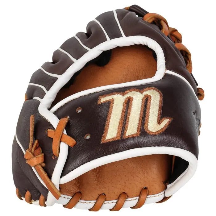 Marucci Krewe M Type youth baseball glove, brown/tan, wrist closure detail