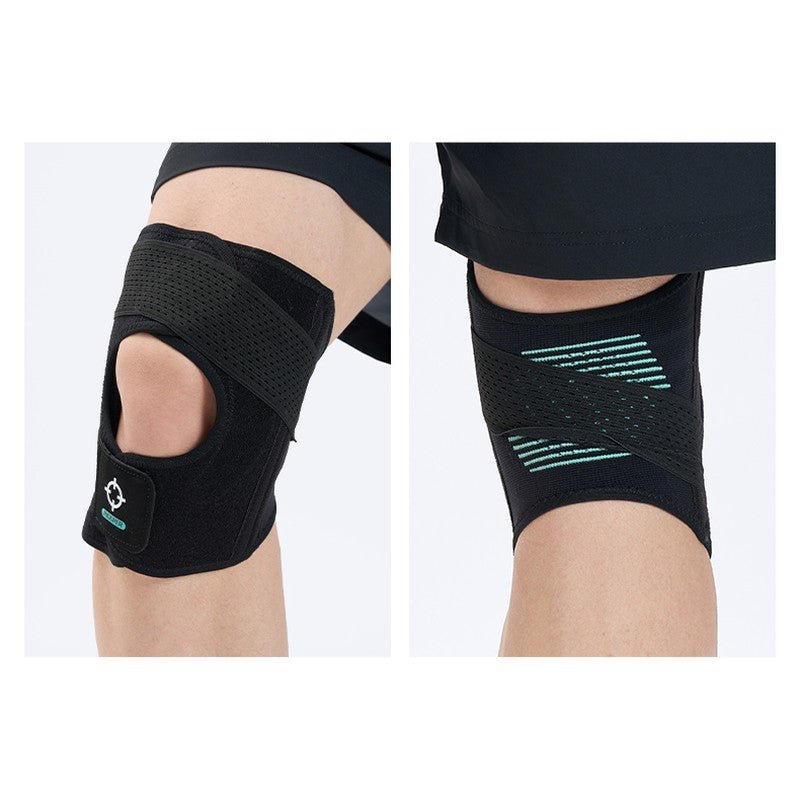 Two views of the Rigorer adult sports knee support brace worn on a knee, showing the open patella front and the ribbed rear panel