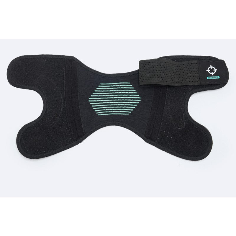 Rigorer adult sports knee support brace laid flat and unfastened, showing the open shape, straps and patella panel