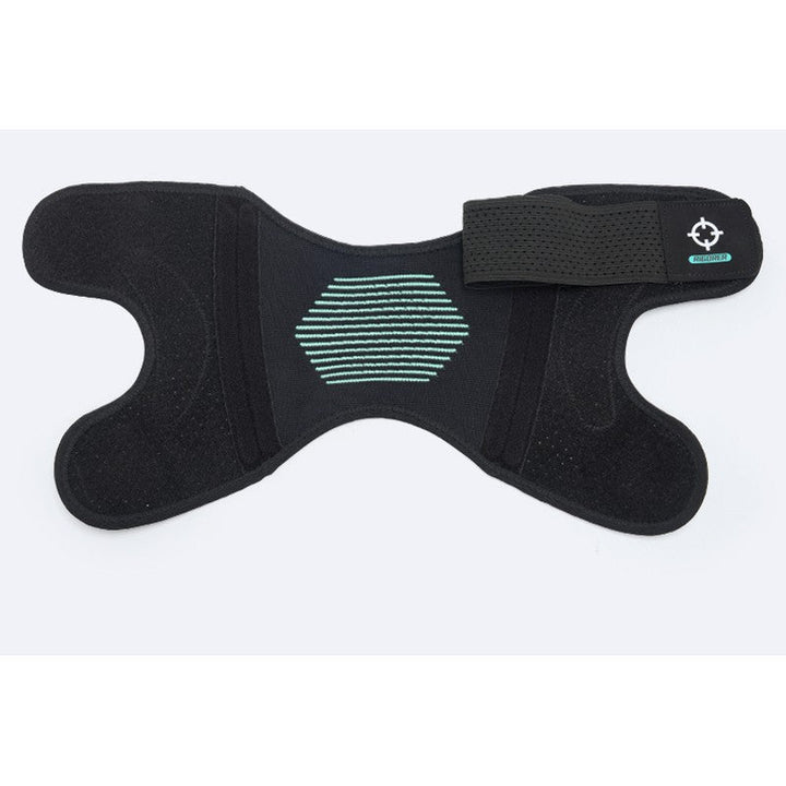 Rigorer adult sports knee support brace laid flat and unfastened, showing the open shape, straps and patella panel