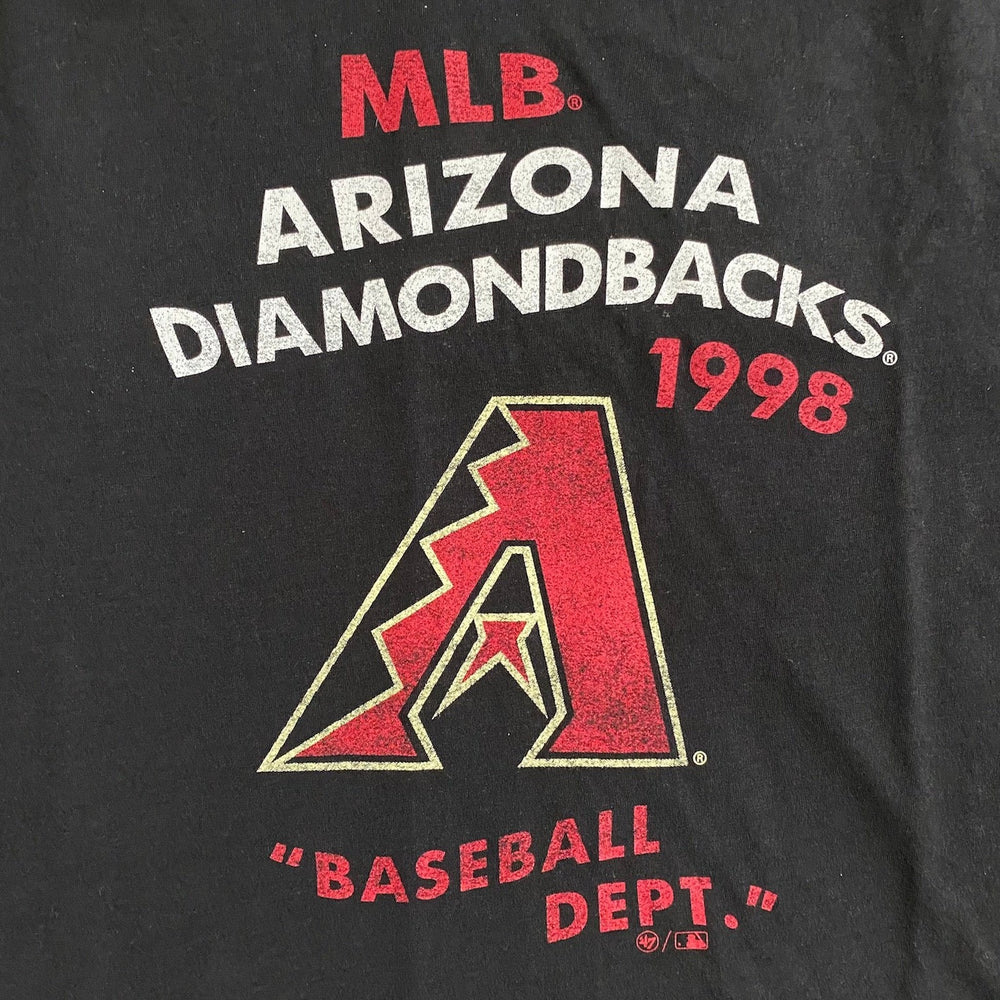 '47 Arizona Diamondbacks black singlet, close-up of vintage MLB graphic print